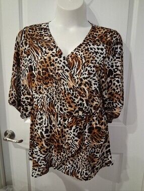 NEW PLUS Promises Promises Animal Print V-Neck Blouse - Brown/Black Lady's 2X